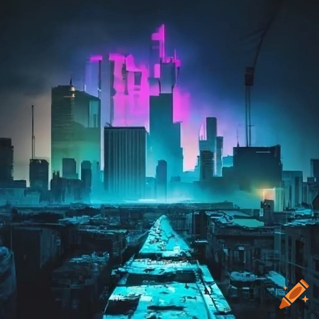 Breathtaking panorama of a neonlit skyline over a crumbling concrete