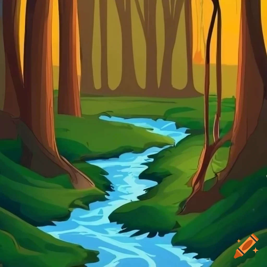 Cartoon illustration of a stream in the woods on Craiyon