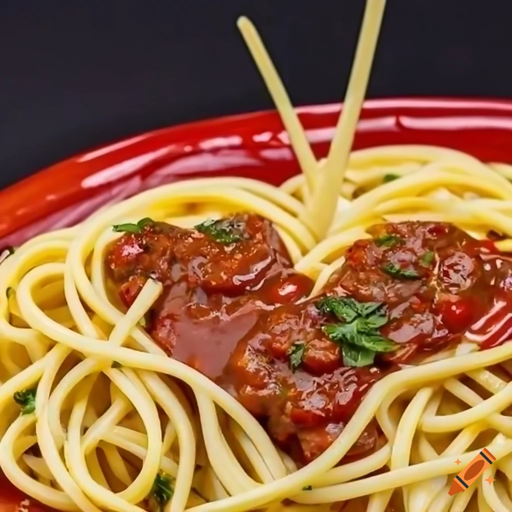 Heart-shaped spaghetti with meat sauce illuminated by golden light