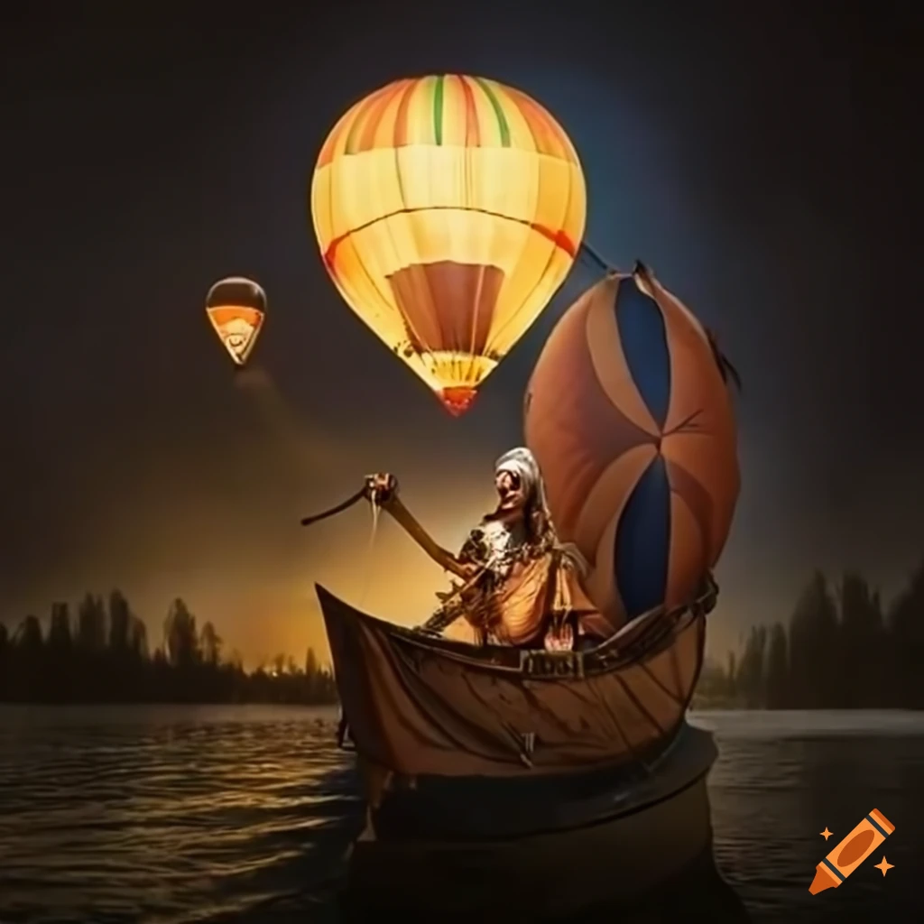 Viking riding a hot air balloon in a whimsical scene