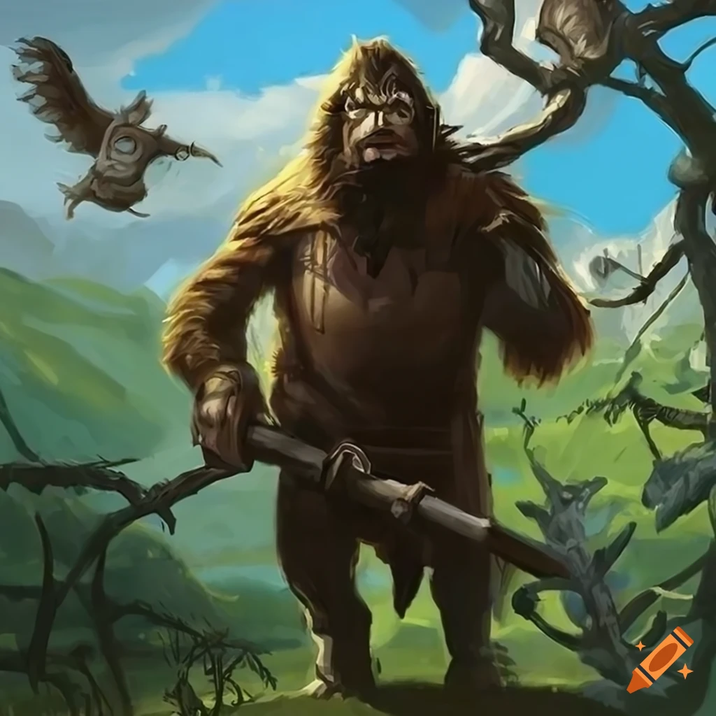 Sasquatch scout at a farm house in magic the gathering art style