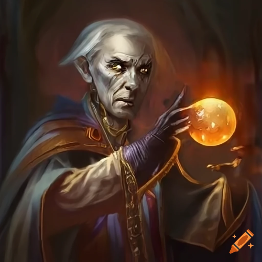Malicious and mysterious sorcerer in his Lair with arcane supplies and potions