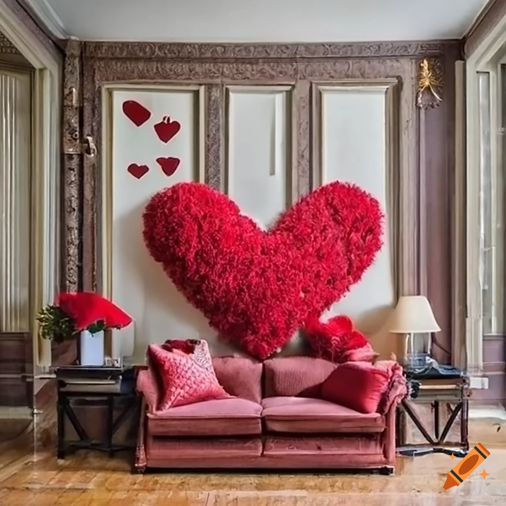 Valentine's day themed living room with heart decor and teddy bears on