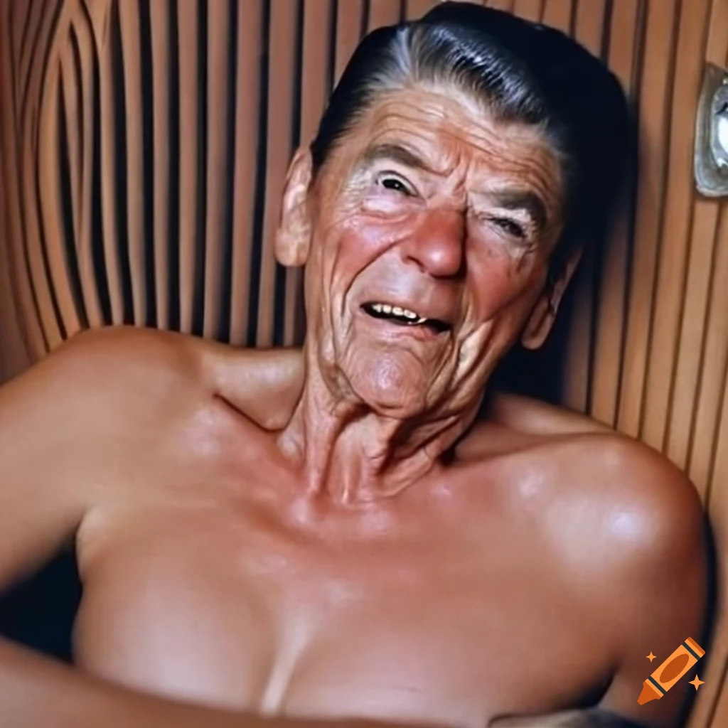 Ronald Reagan in a hot sauna with an angry expression