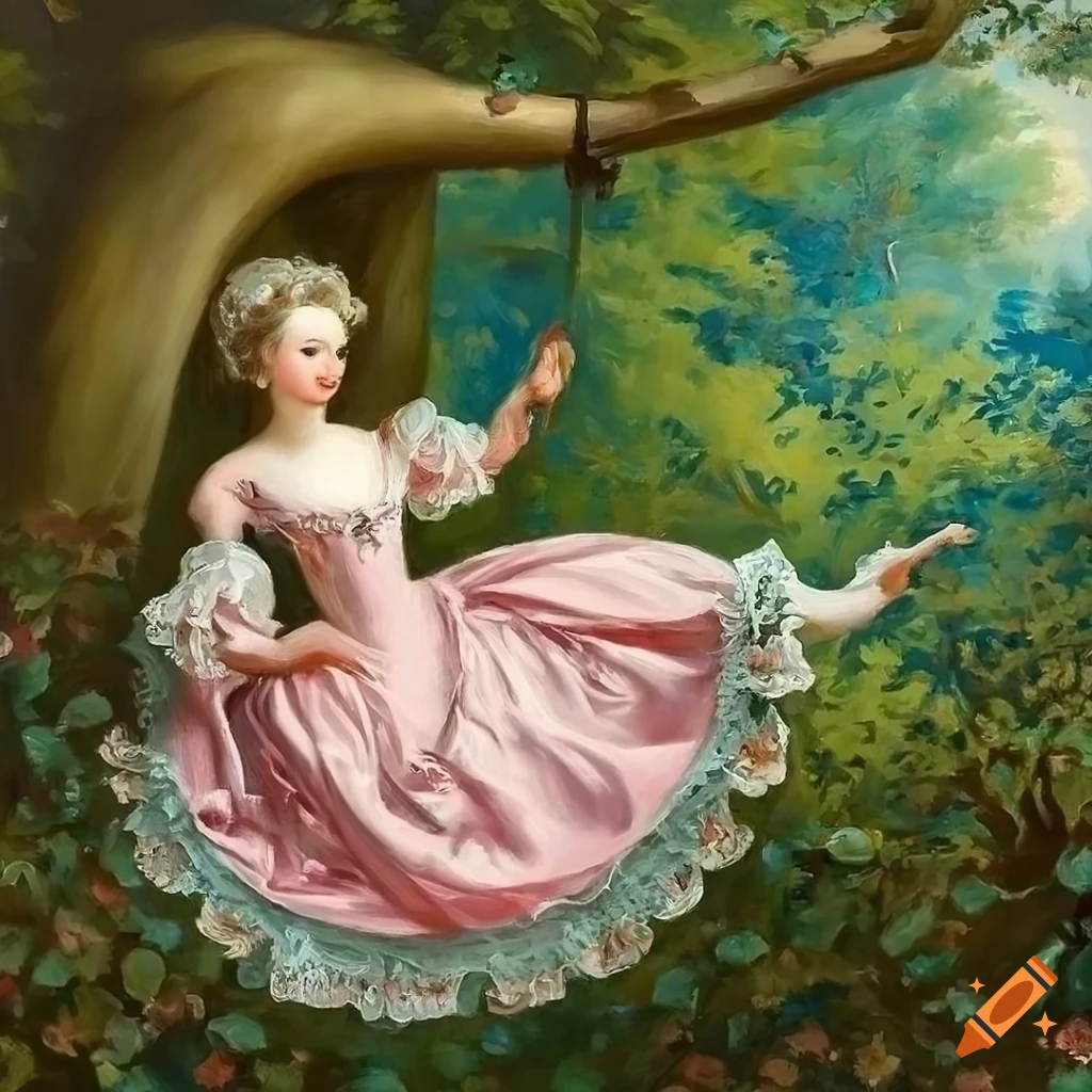 Girl in a pink victorian dress swinging gracefully from a tree swing in ...