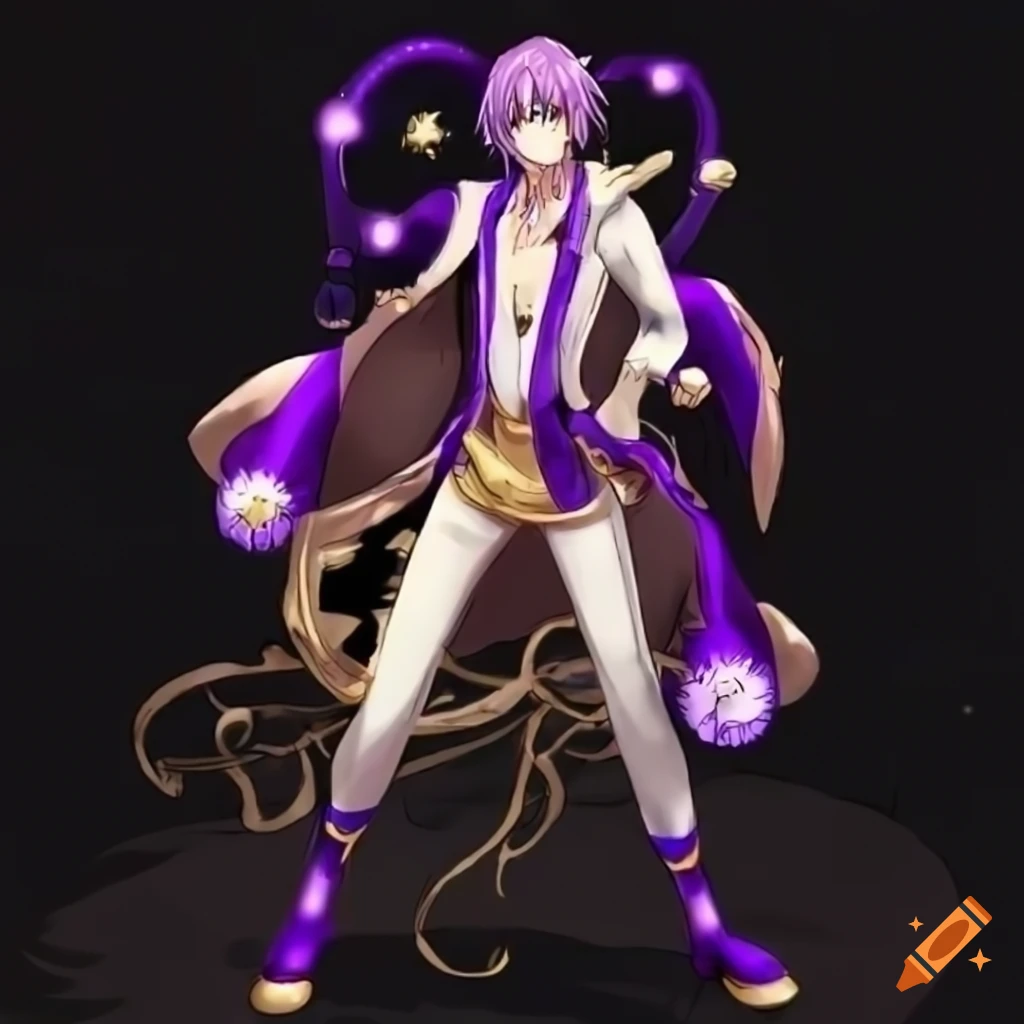 Purple and gold jester anime character in full body