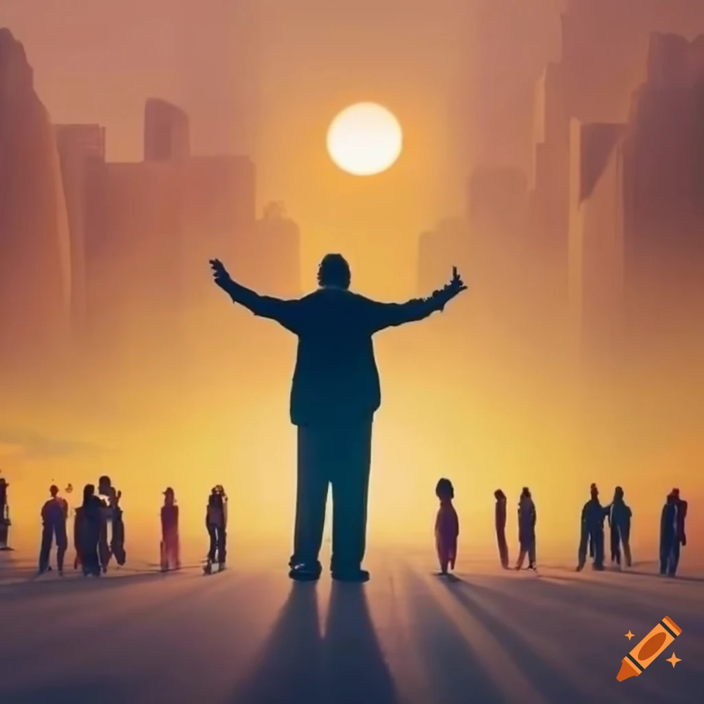 Global team standing in front of a sunrise praying