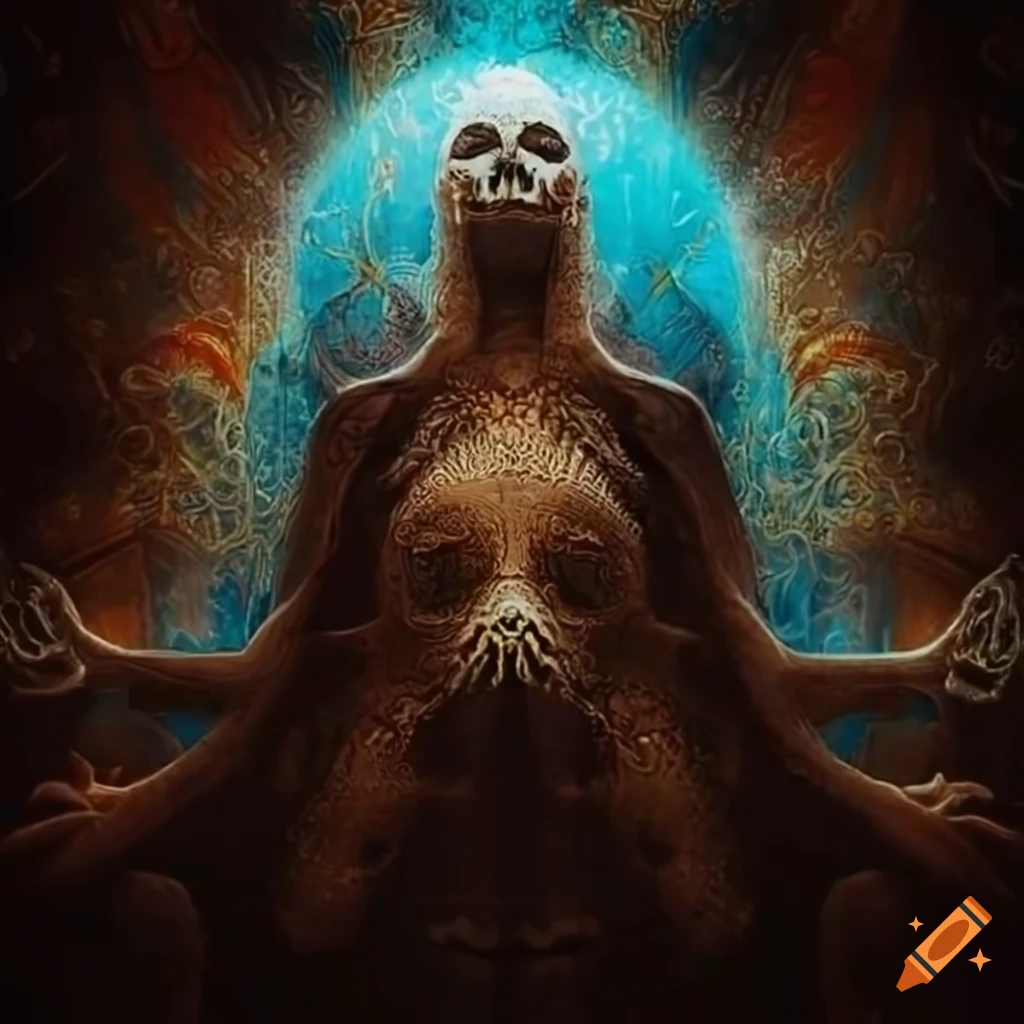 Ethereal being in a collapsing world with middle eastern symbolism