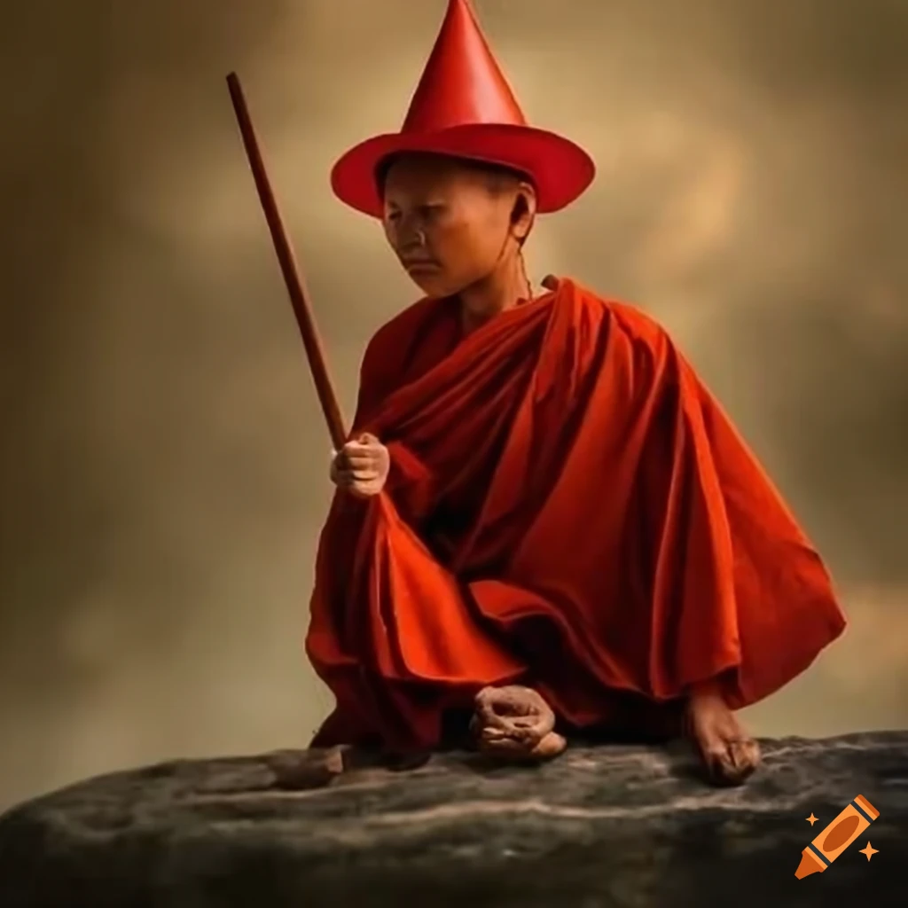 Vietnamese monk in traditional attire sitting on a stone with a long