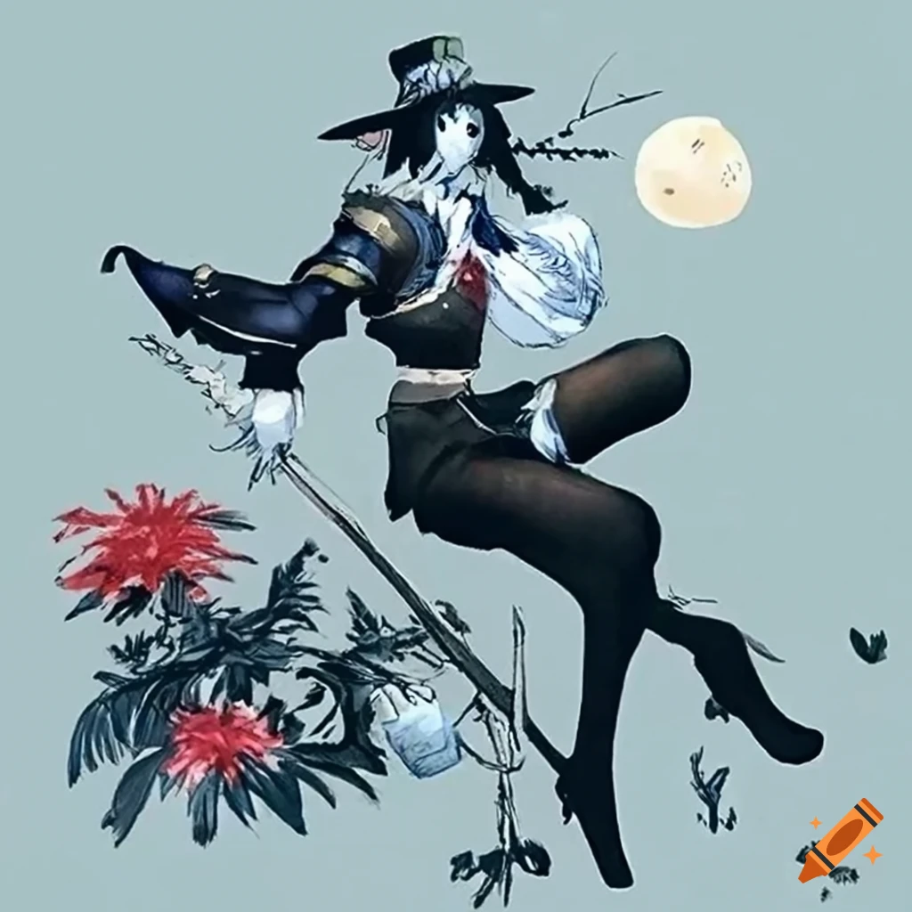 Ukiyo-e style scarecrow person in stockings at night