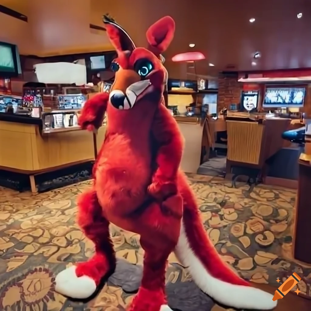 Male employee in a red kangaroo mascot costume at outback steakhouse on