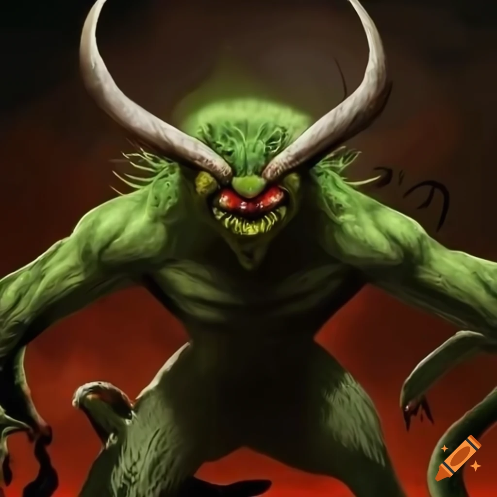Monster with green skin, red eye, sharp teeth, and long claws on Craiyon
