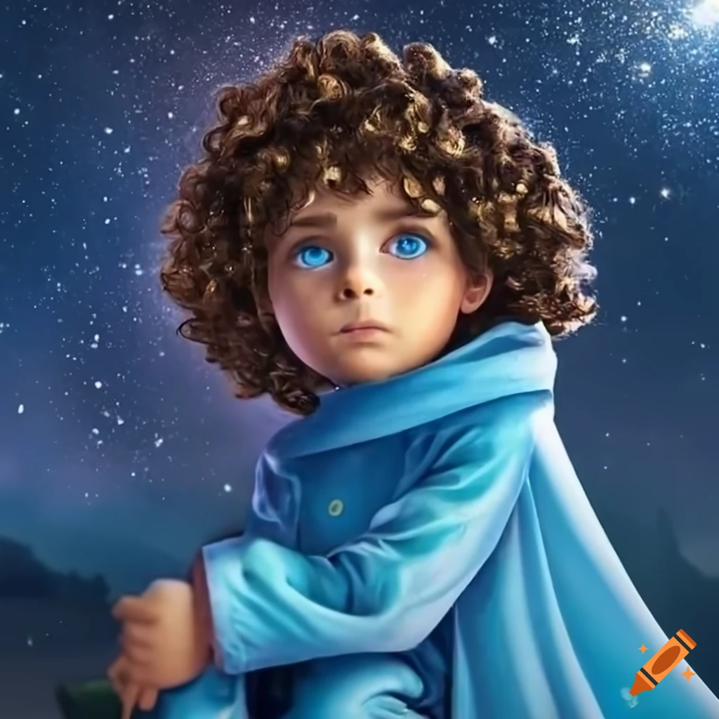 Boy in blue pajamas with a travel cloak sitting on a star in the night