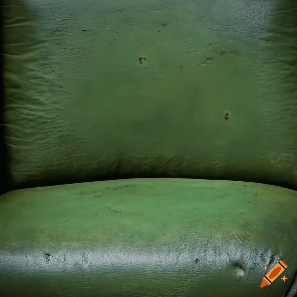 Close-up texture of worn green leather chair with stuffing coming out
