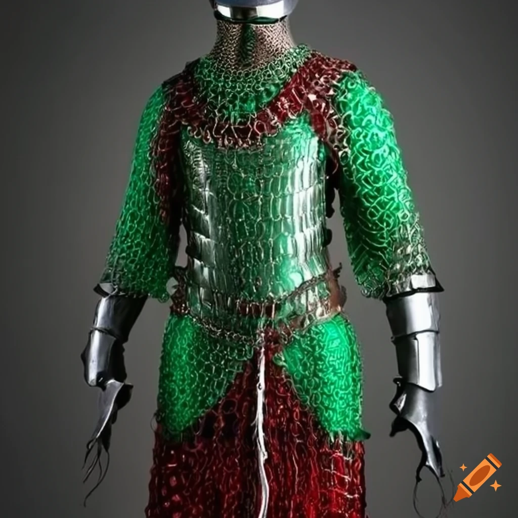 Chainmail suit of armor made of green and red shining jewels in a