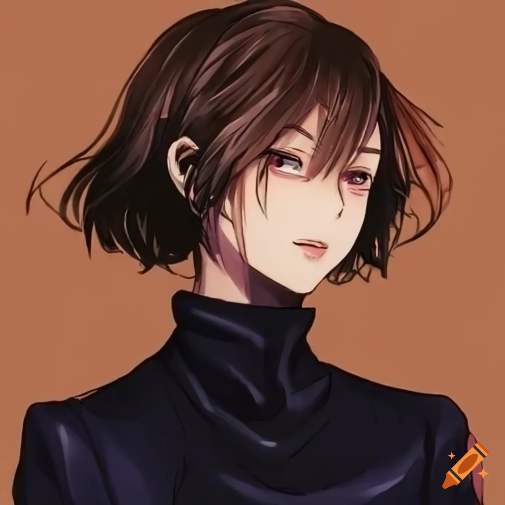 Sultry girl with short wavy brown hair and pale skin, in Jujutsu Kaisen