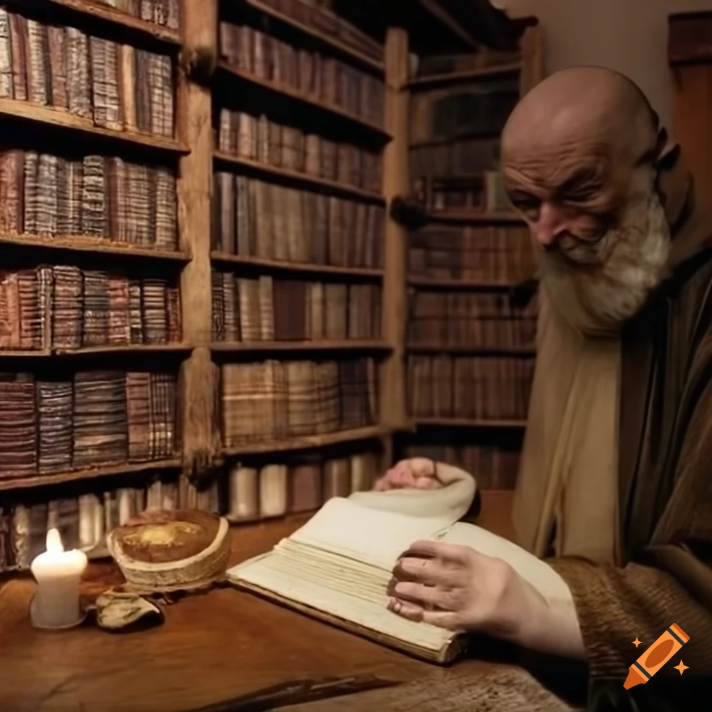 Dimly lit medieval monastery library with old oak bookshelves and a wise hermit monk