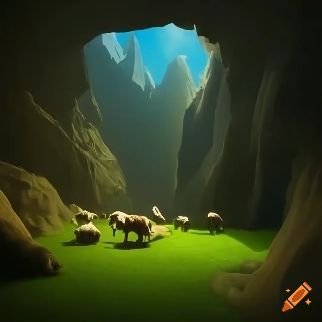 Sheeps and cows herding inside a cave in the snow mountain with hot