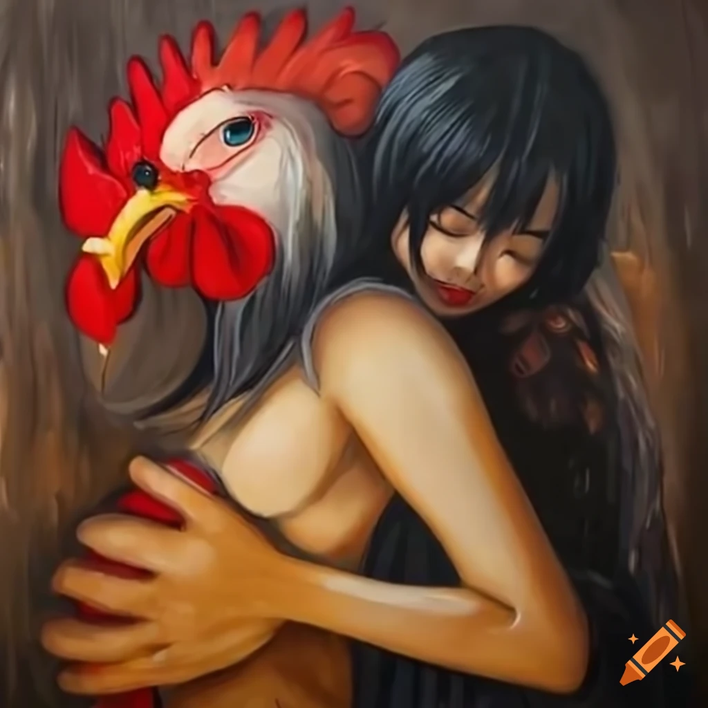 Mysterious anime woman hugging a giant chicken