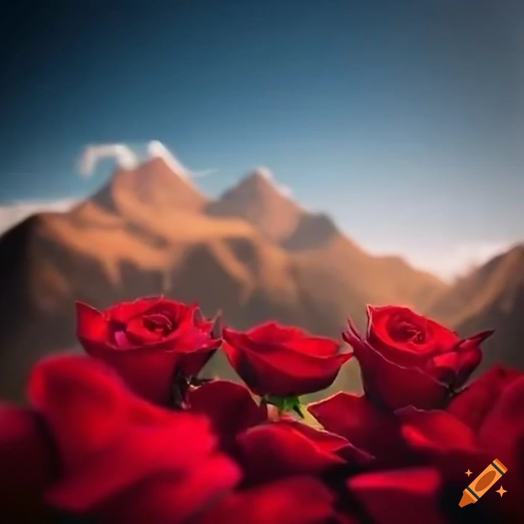 Romantic bunch of red roses with mountain panorama in the background on ...