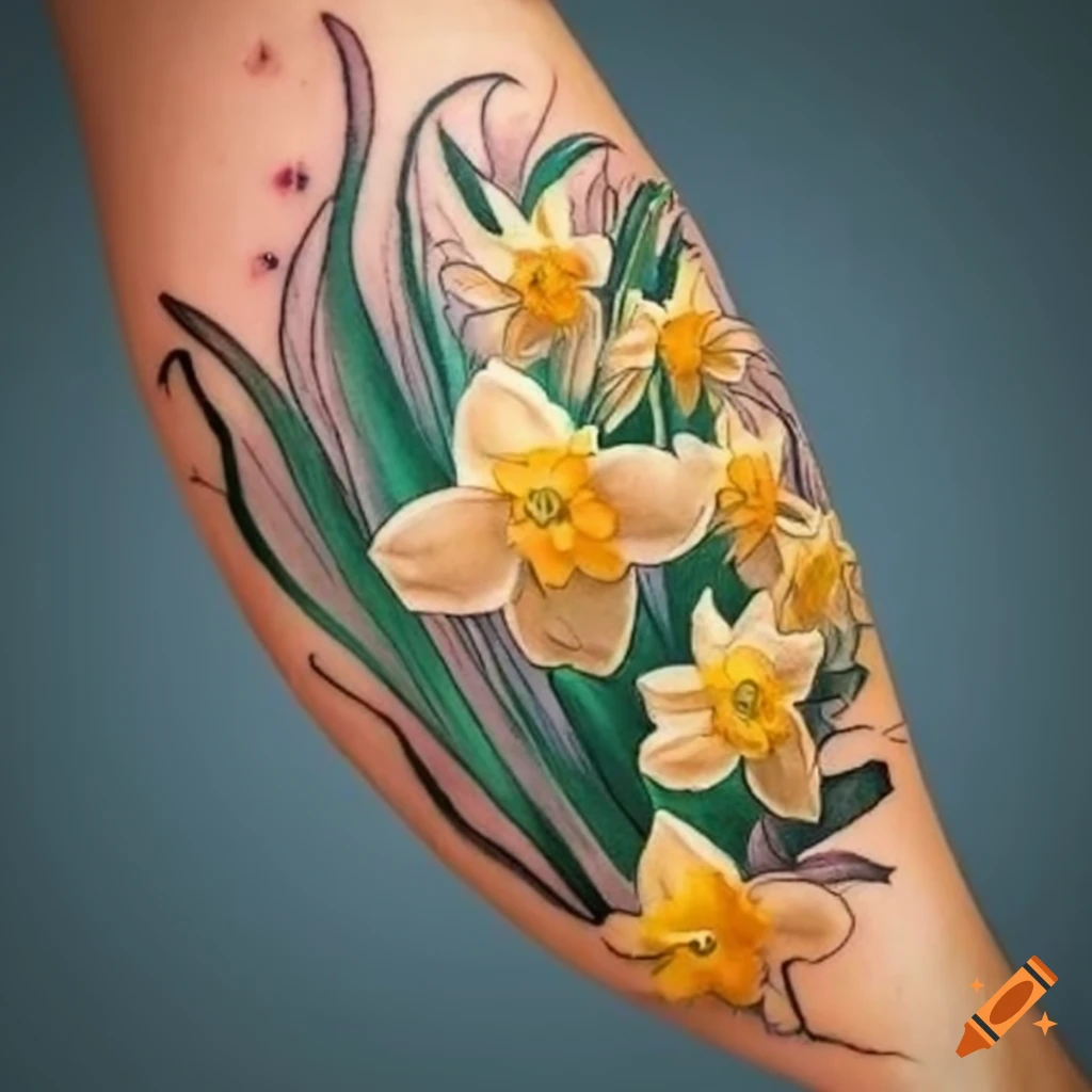 Fine line rose and daffodil tattoo on the inner arm.