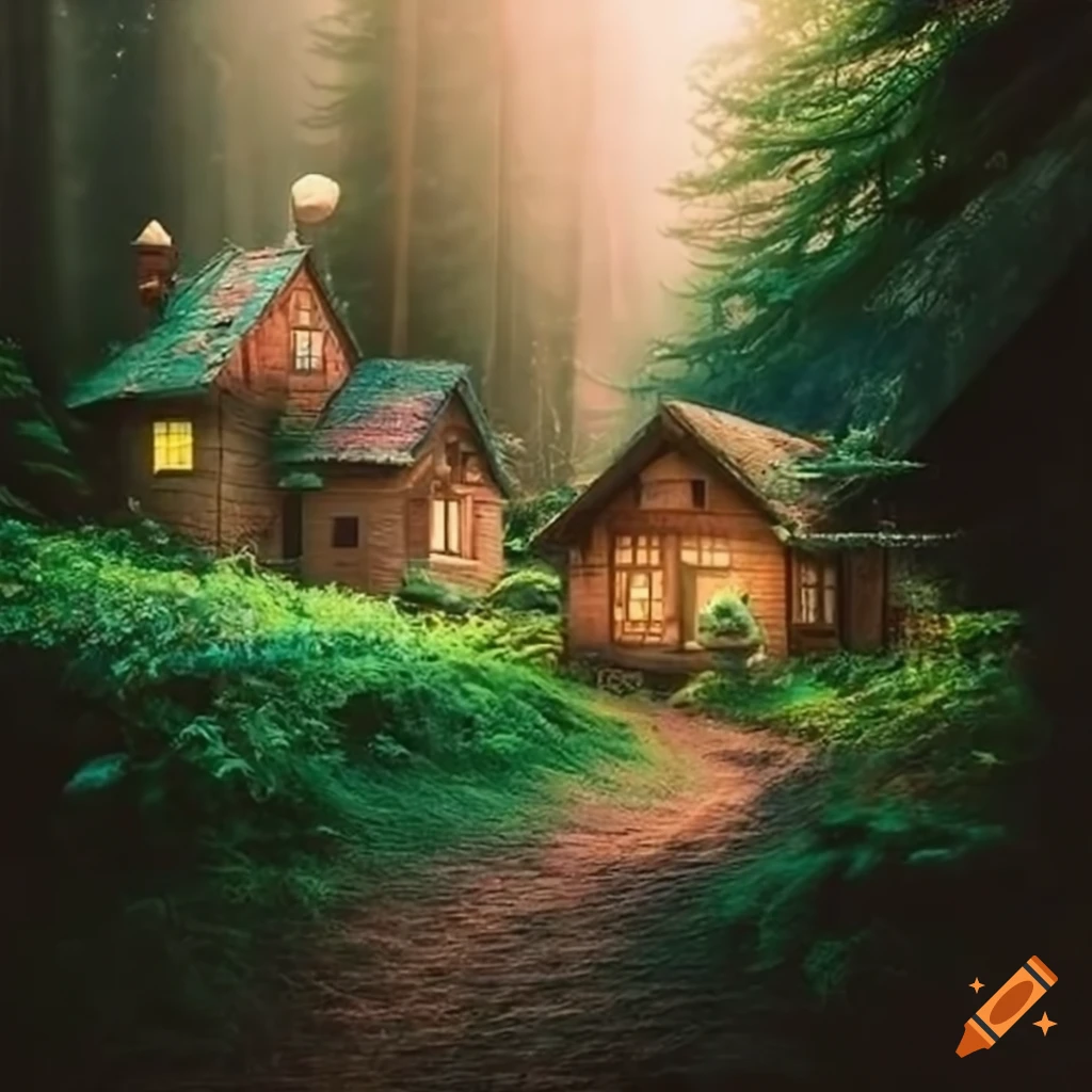 Enchanted magical forest village with cute houses in midday sun on Craiyon