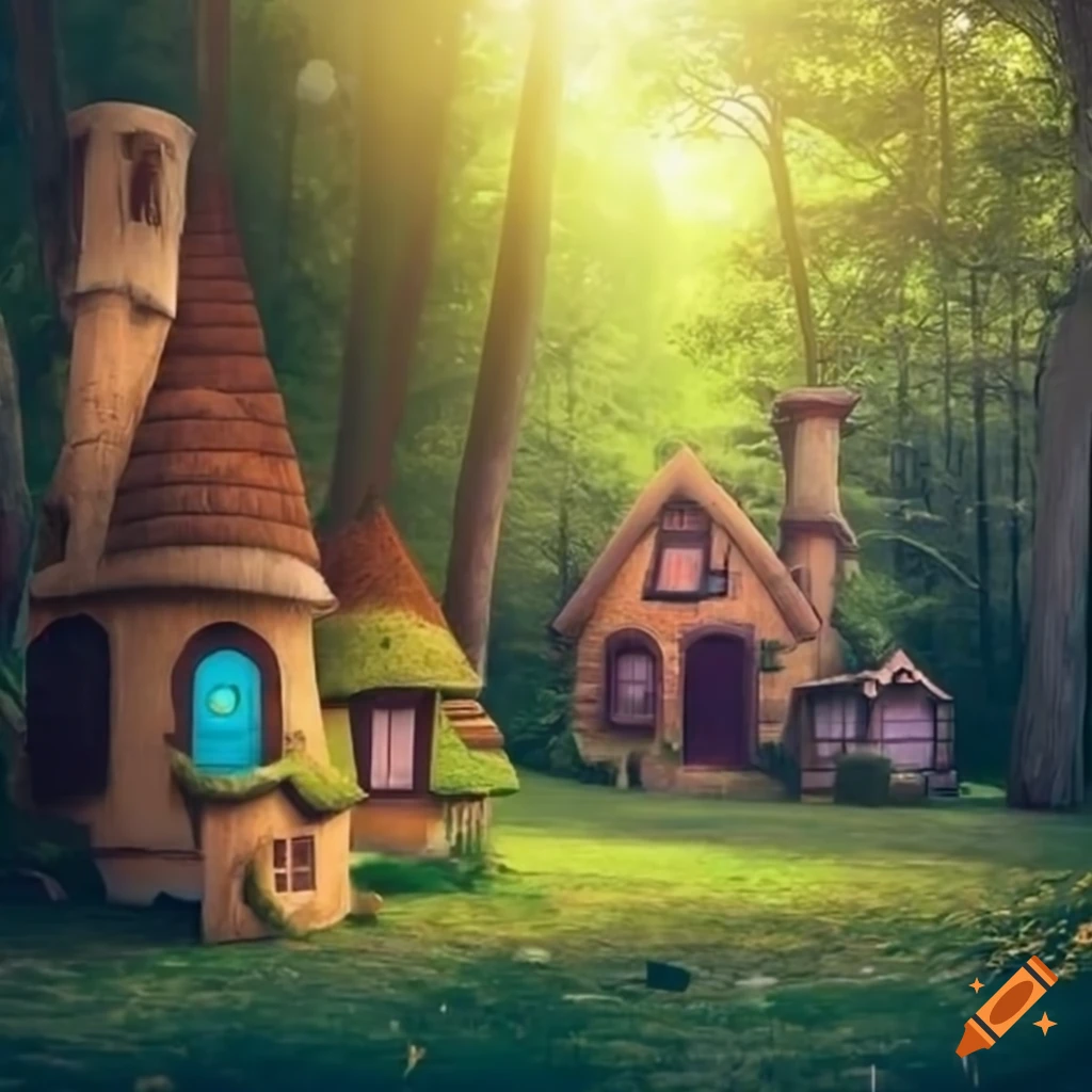 Enchanted magical forest village with cute houses in midday sun on Craiyon