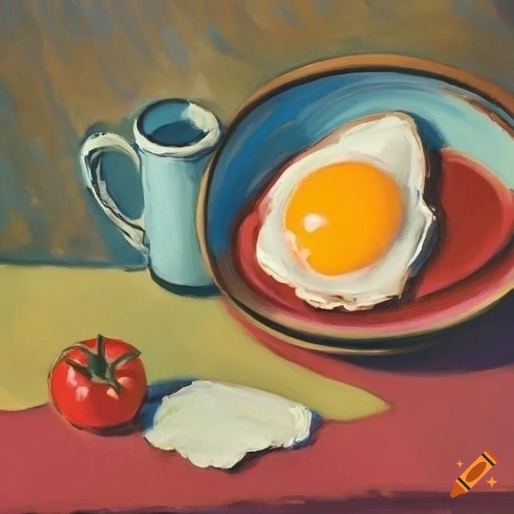 Colorful stilllife art with fried egg and chopped tomatoes on Craiyon