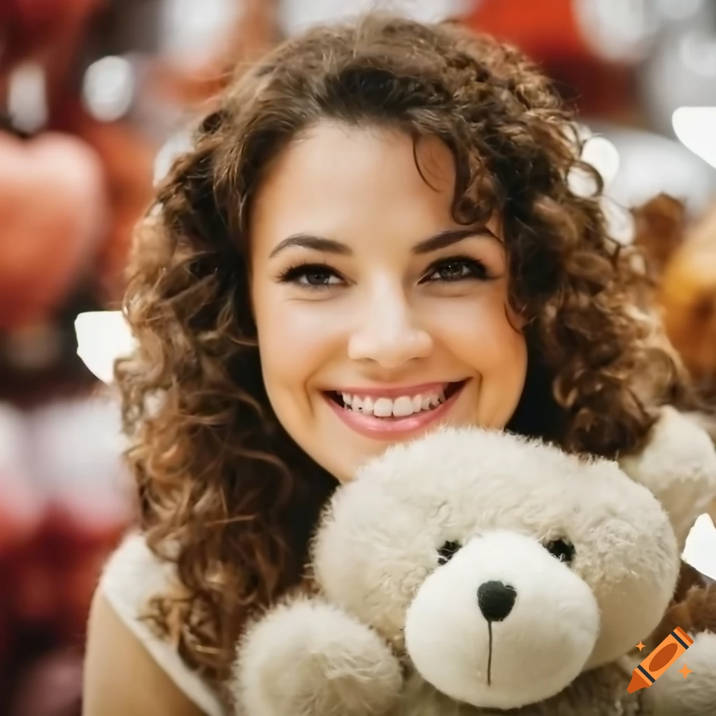 Smiling woman with long curly hair in a teddy bear store surrounded by bokeh hearts