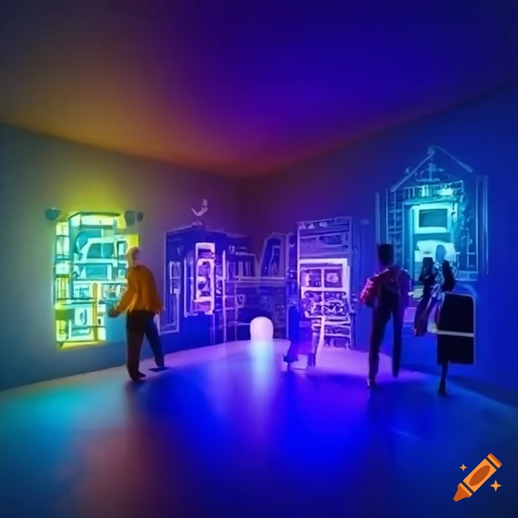 Diverse collective brainstorming ideas in a modern room with robots on