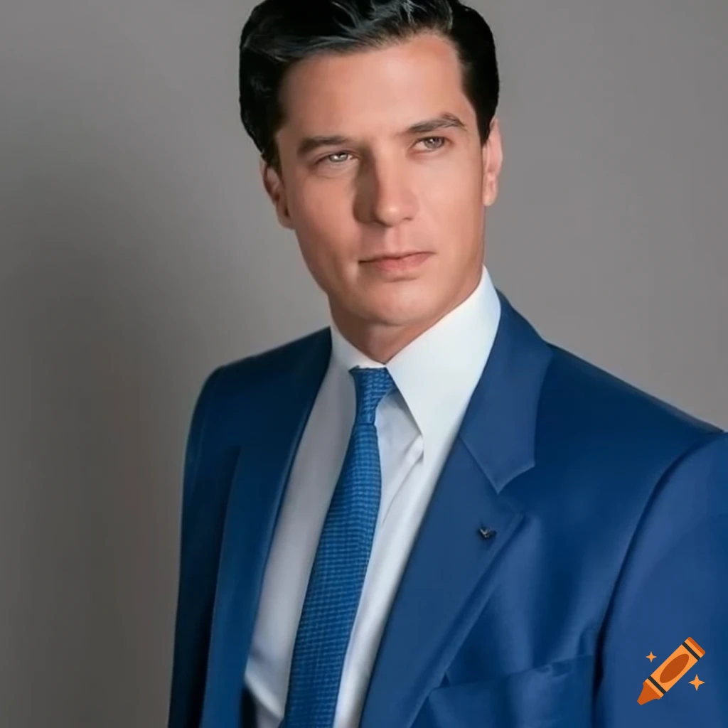 Calm and well-dressed male politician in a dark blue tuxedo