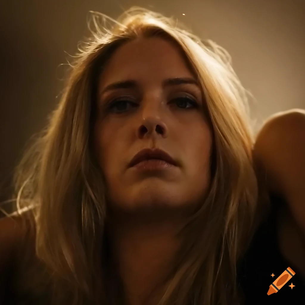 Closeup of a blonde woman with grey eyes on Craiyon