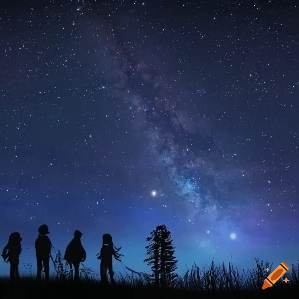 Wide view of night sky with the Moon, Milky Way, stars, and kids looking