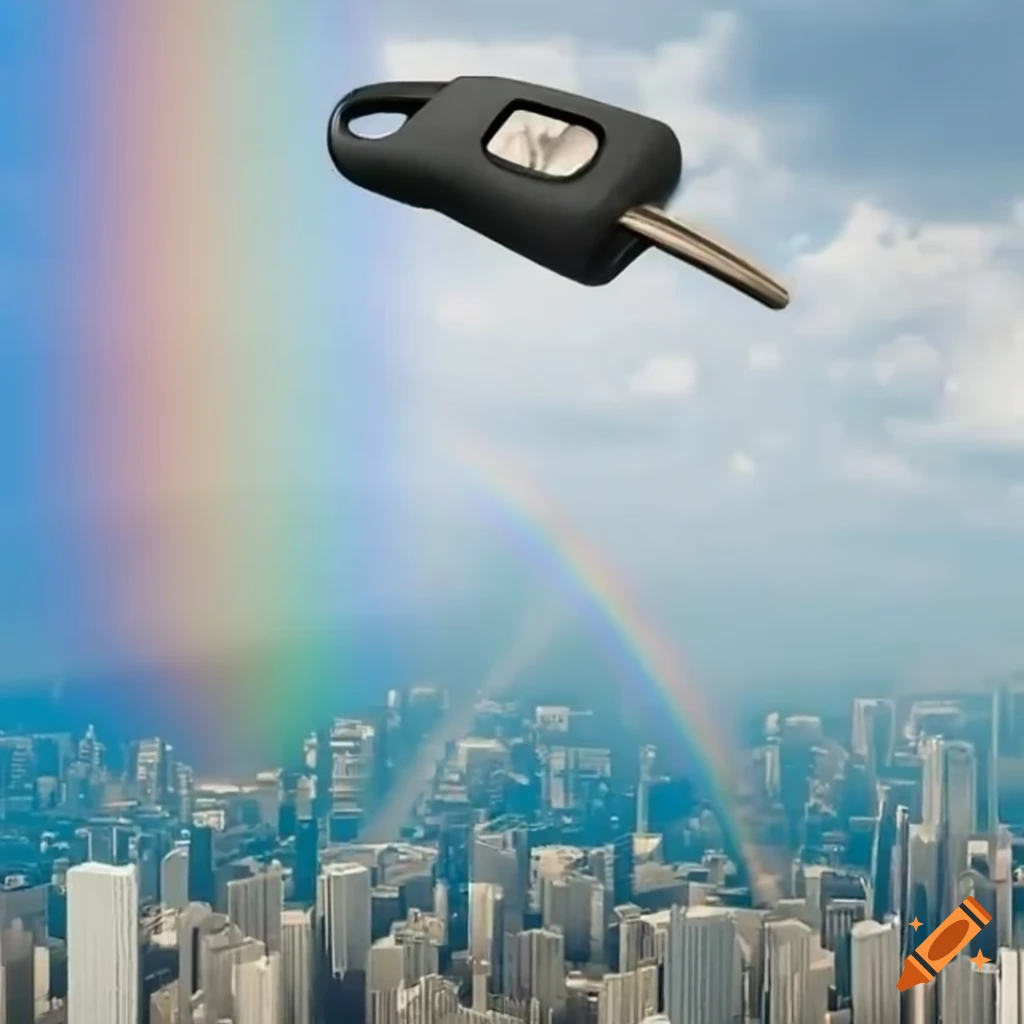 Car keys flying over a city with a rainbow