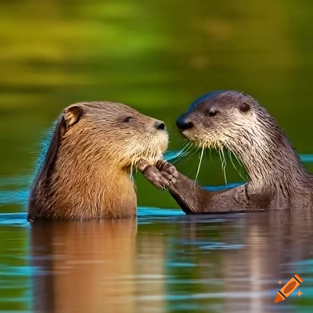 Otter and capybara holding hands