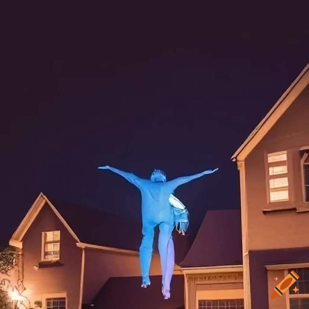 Figure with many arms crawling on suburban house at night