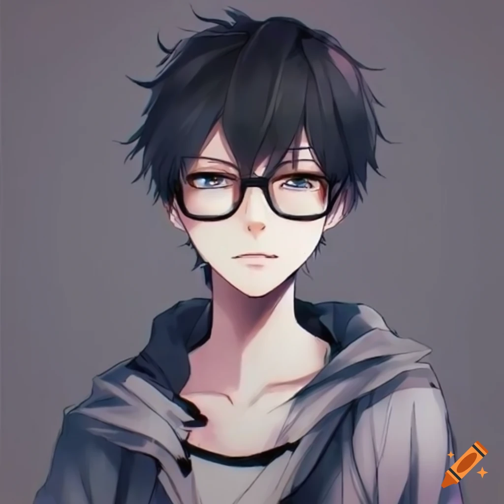 Cool anime boy with black hair and glasses on Craiyon