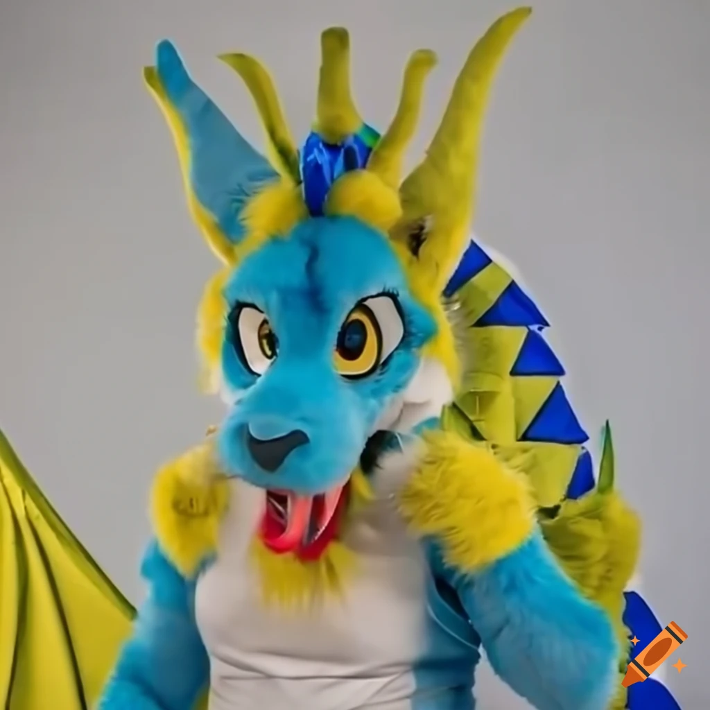 Female employee wearing a blue-colored anthro dragon fursuit