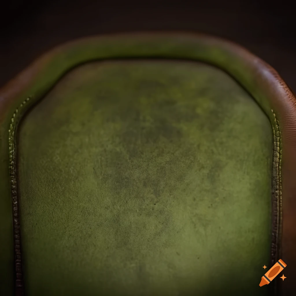 Close-up of worn green leather chair with spilling stuffing
