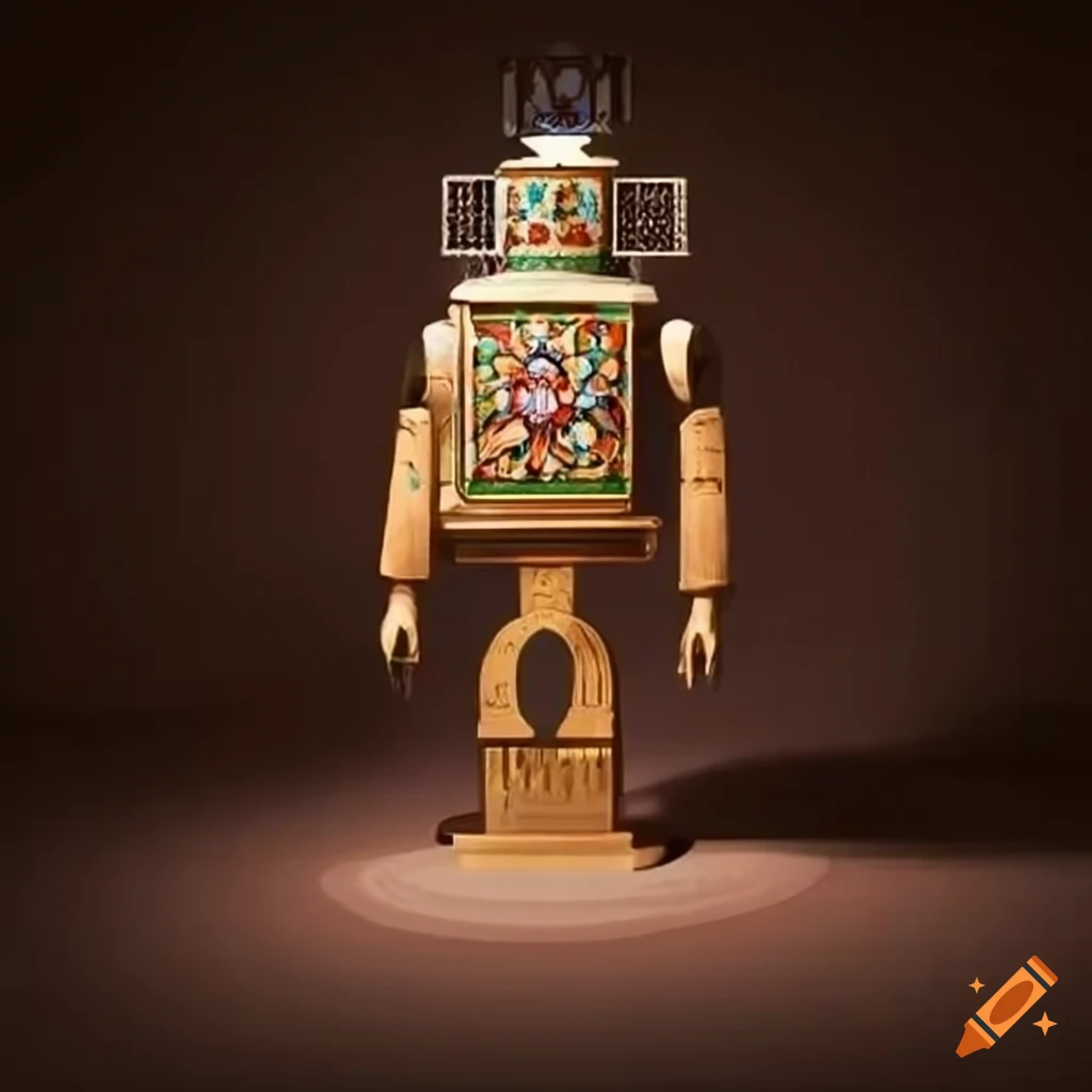 Robot adorned with Persian patterns and tiles in a traditional Persian house