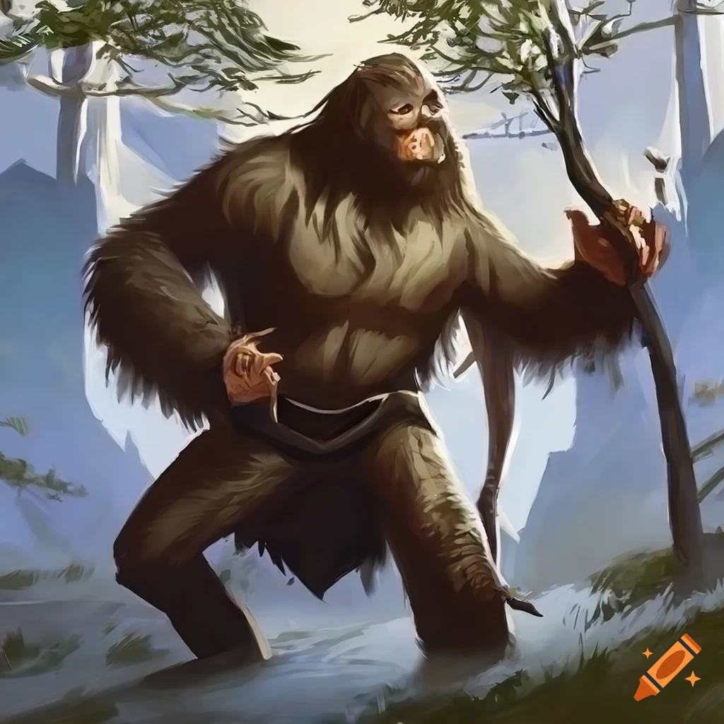 Sasquatch scout at a farm house in magic the gathering art style
