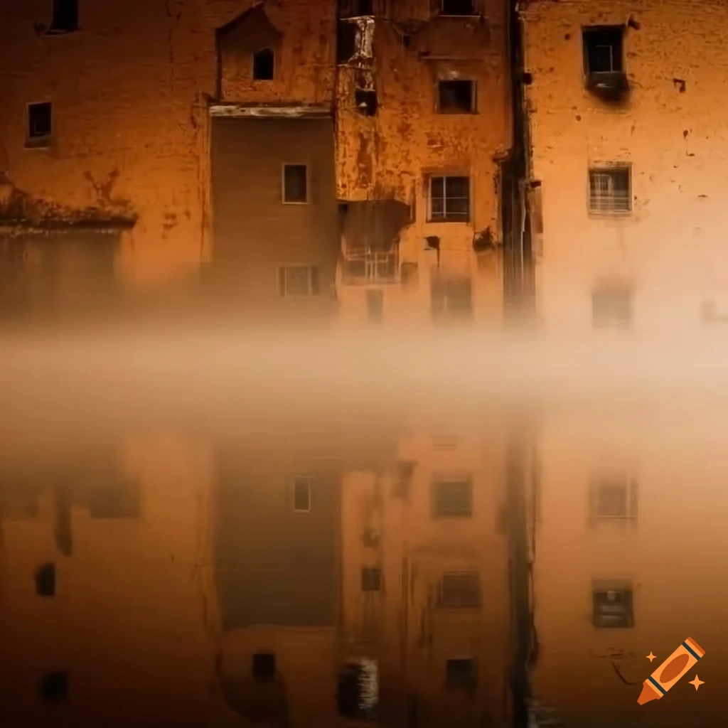 Texture of brown water with tips of buildings reaching out in sunny fog
