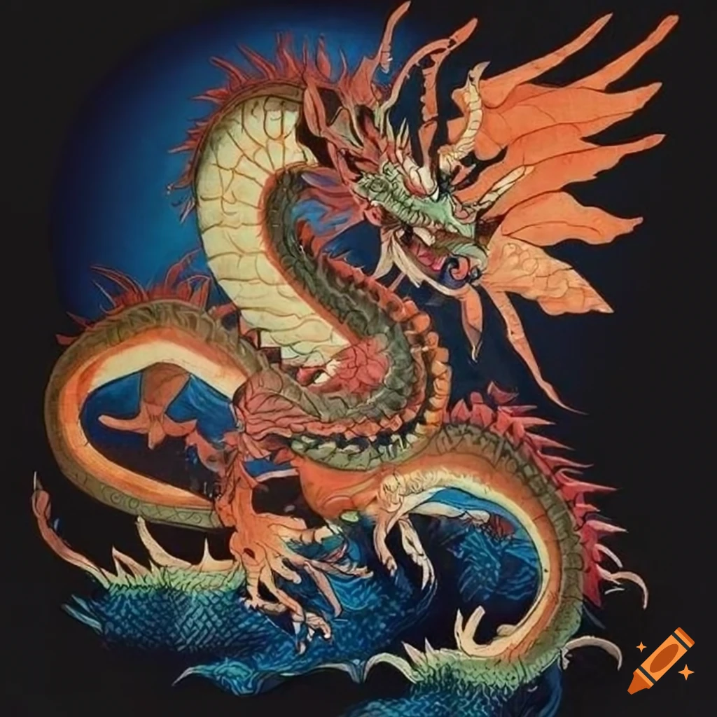 Ukiyo-e style dragon artwork on Craiyon
