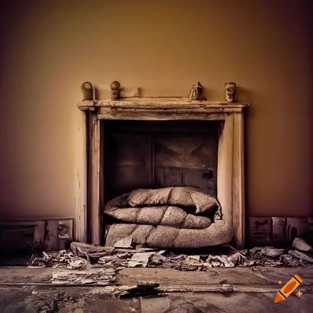 Detailed abandoned foggy attic with tan brick fireplace and tall windows