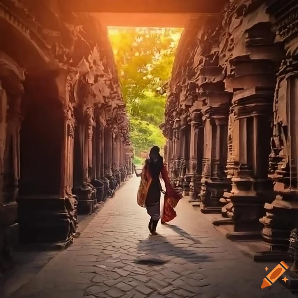 Mahadev and Parvati walking through the ancient streets with complex temples