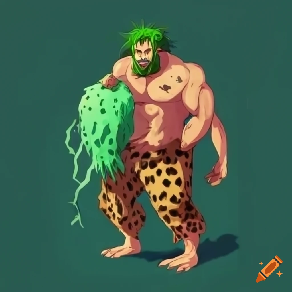 Caveman carrying meat with green hair and beard in a fantasy setting