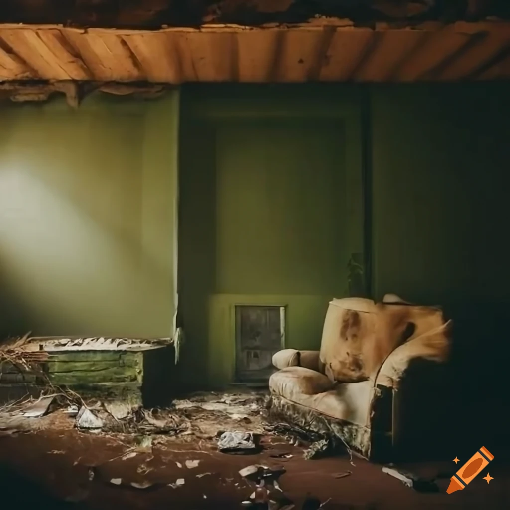 Detailed abandoned foggy attic with fireplace and ocean view