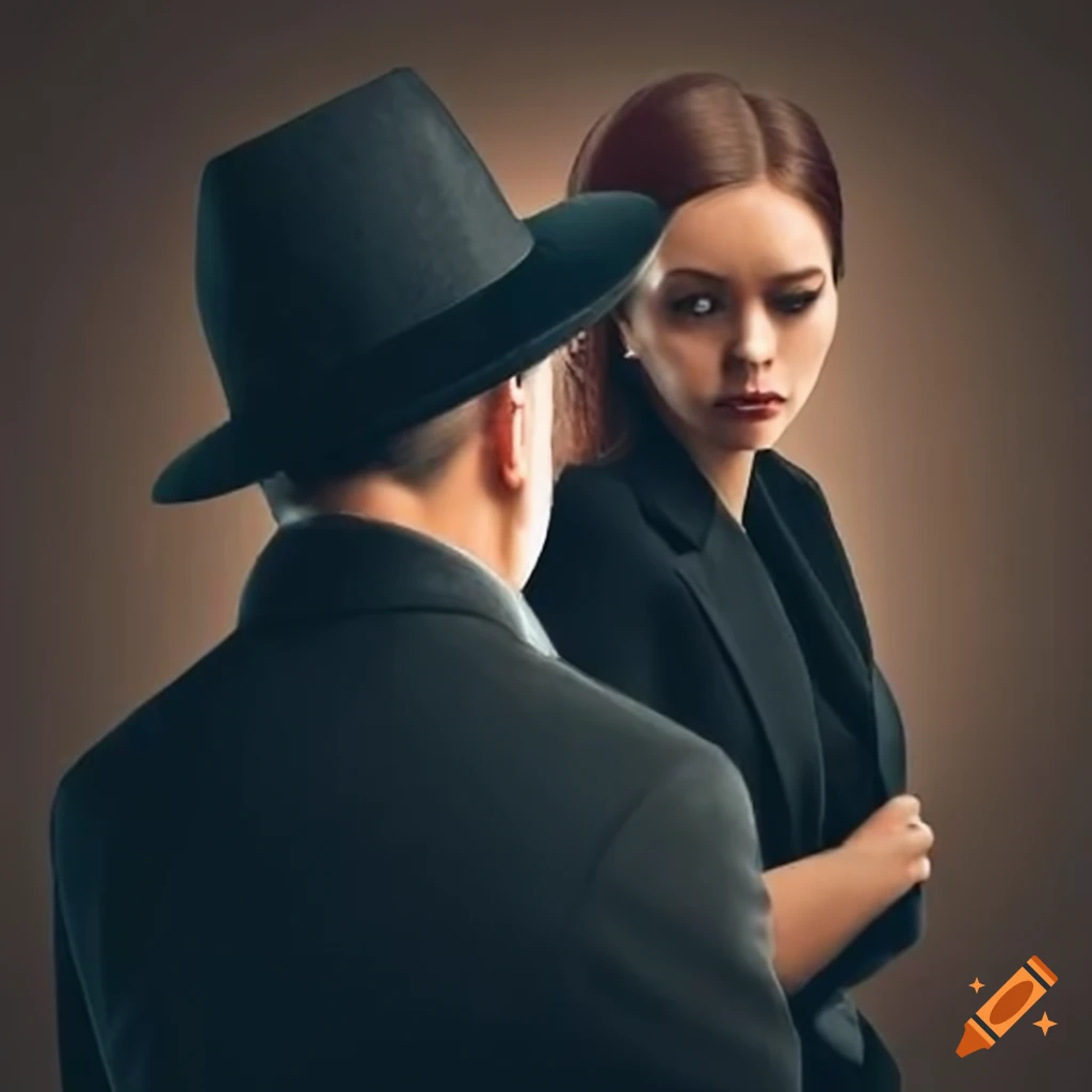 Sad woman talking to a salesman in black coat and hat