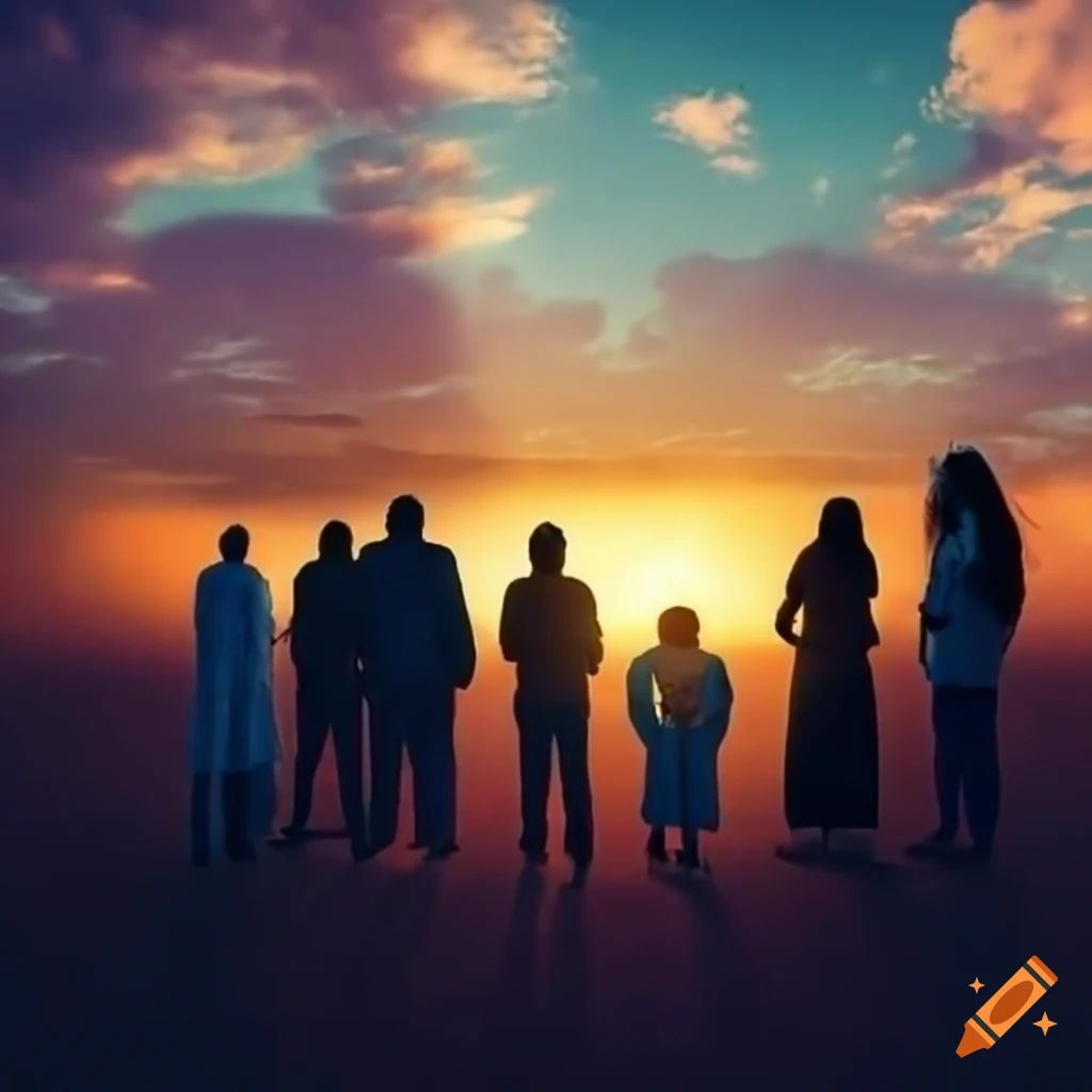 Global team standing in front of a sunrise praying