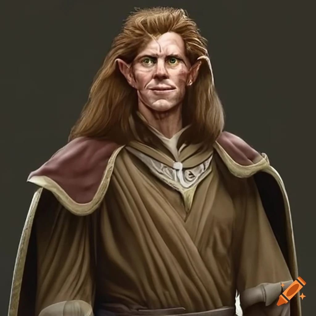 Male sorcerer with brown hair and green eyes resembling Bryan Cranston and Galadriel